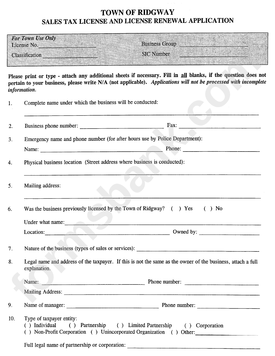 Sales Tax Form License And License Renewal Application Town Of 