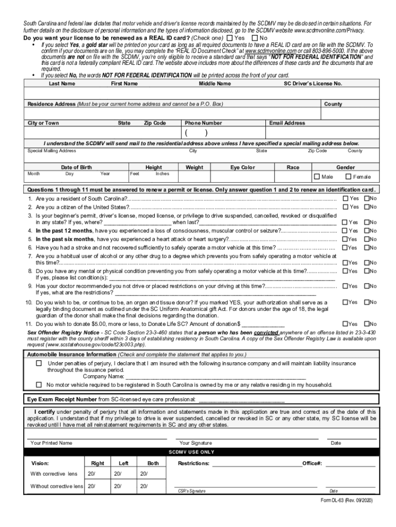 SC DMV DL 63 2020 Fill And Sign Printable Template Online US Legal 