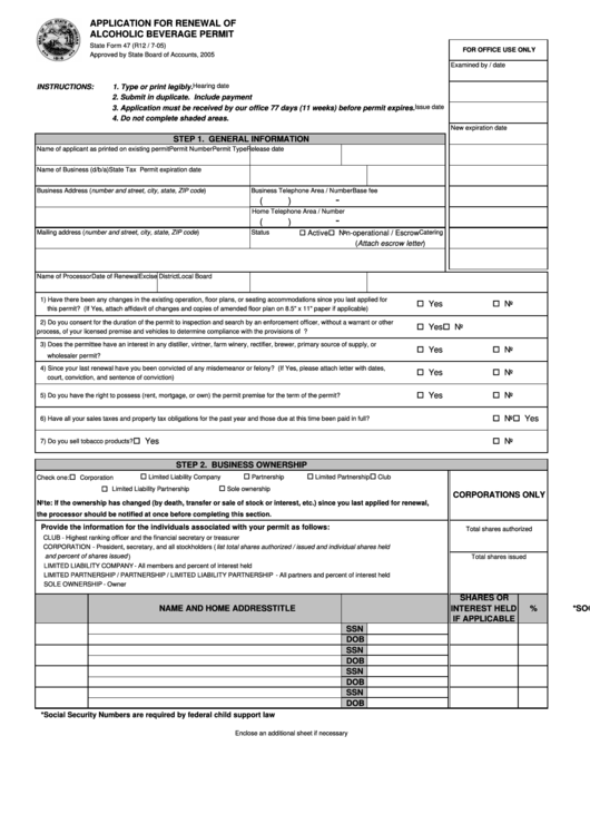 State Form 47 Application For Renewal Of Alcoholic Beverage Permit 