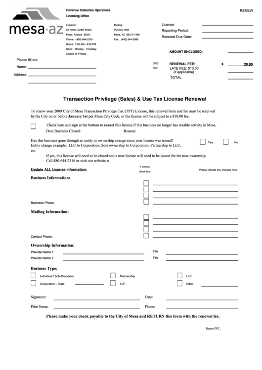 Transaction Privilege Sales Use Tax License Renewal Mesa 