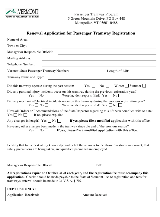 Vermont Renewal Application For Passenger Tramway Registration Download 