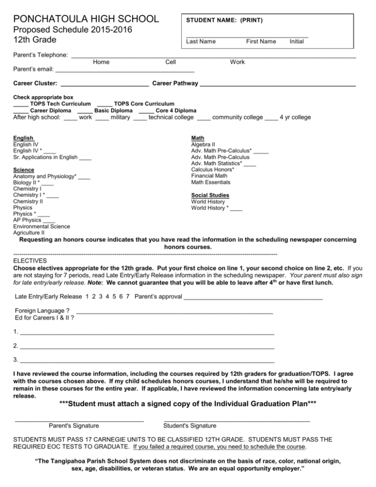 12th Grade Scheduling Form Tangipahoa Parish Schools