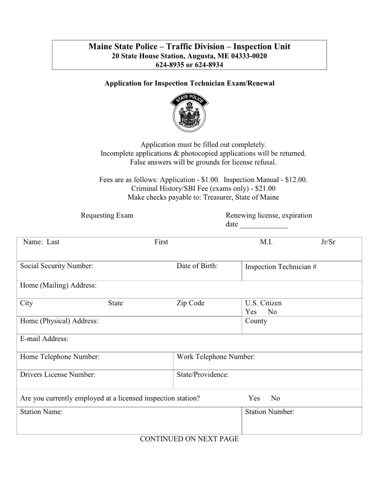 2010 Form ME Application For Inspection Technician Exam Renewal Fill