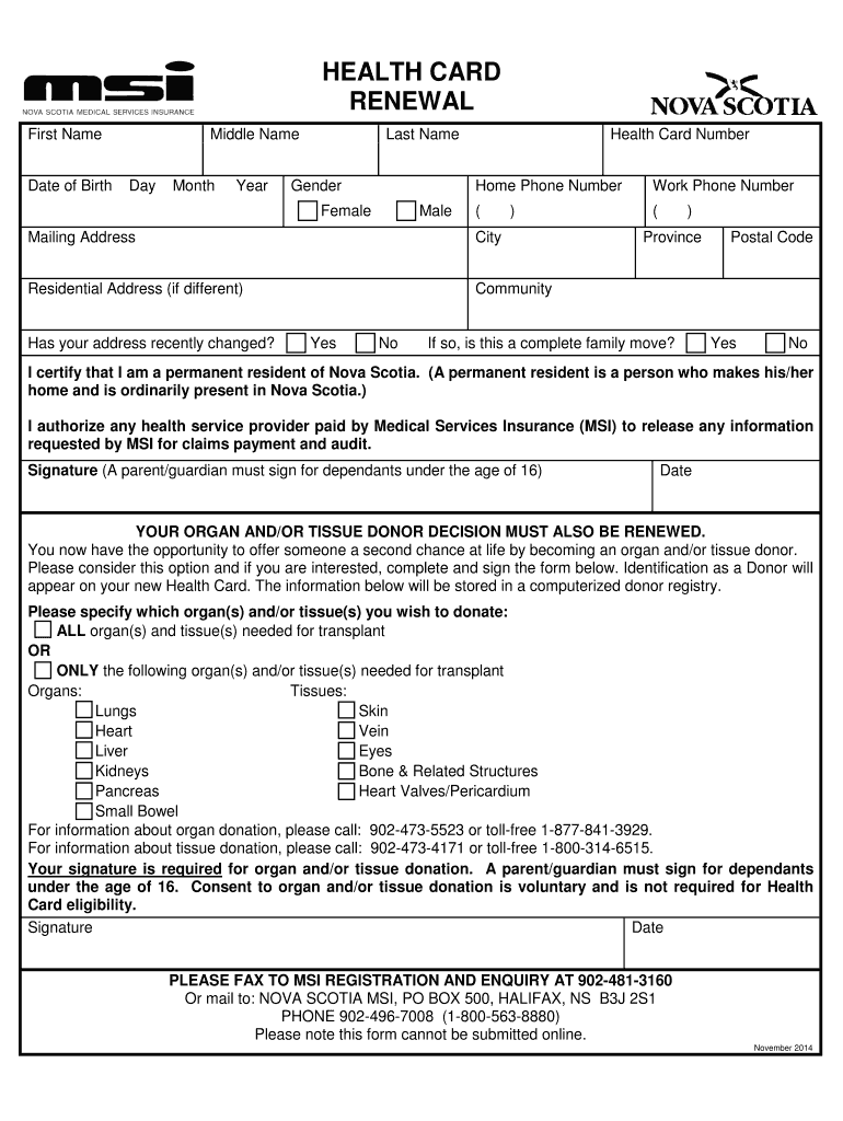 2012 Form Nova Scotia Health Card Renewal Fill Online Printable