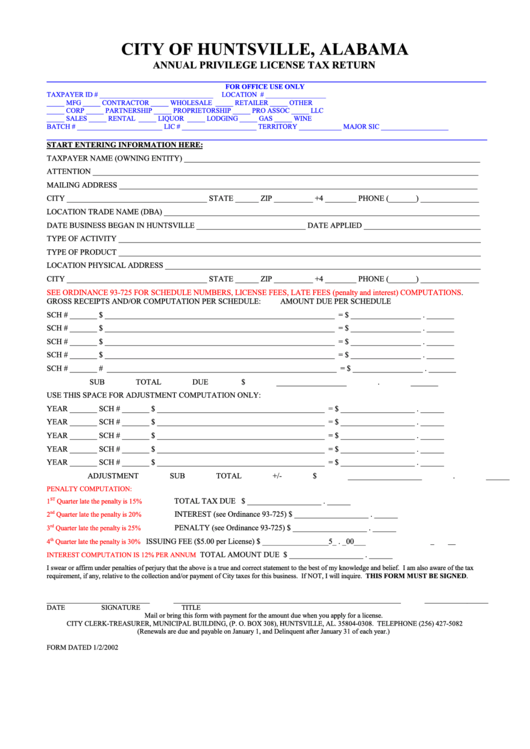 Annual Privilege License Tax Return Form City Of Huntsville Alabama 