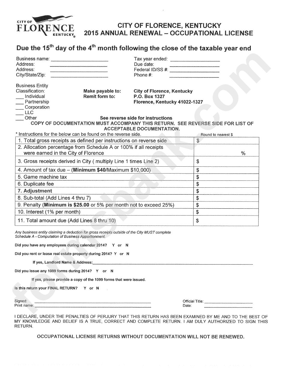 Annual Renewal Occupational License City Of Florence Kentucky 2015 