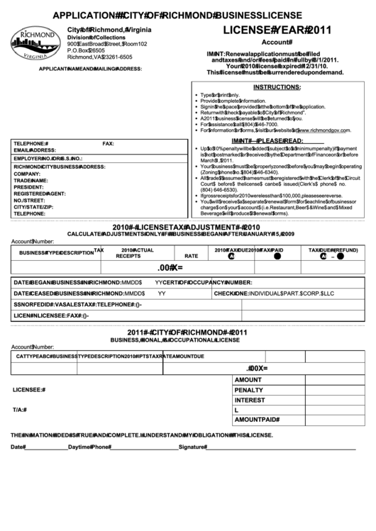 Application For City Of Richmond Business License 2011 Printable Pdf 