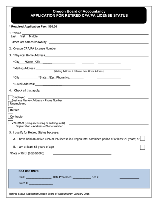 Application For Retired Cpa pa License Status Oregon Board Of 