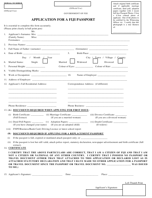 APPLICATION Form FOR A FIJI PASSPORT Fiji Download Printable PDF 