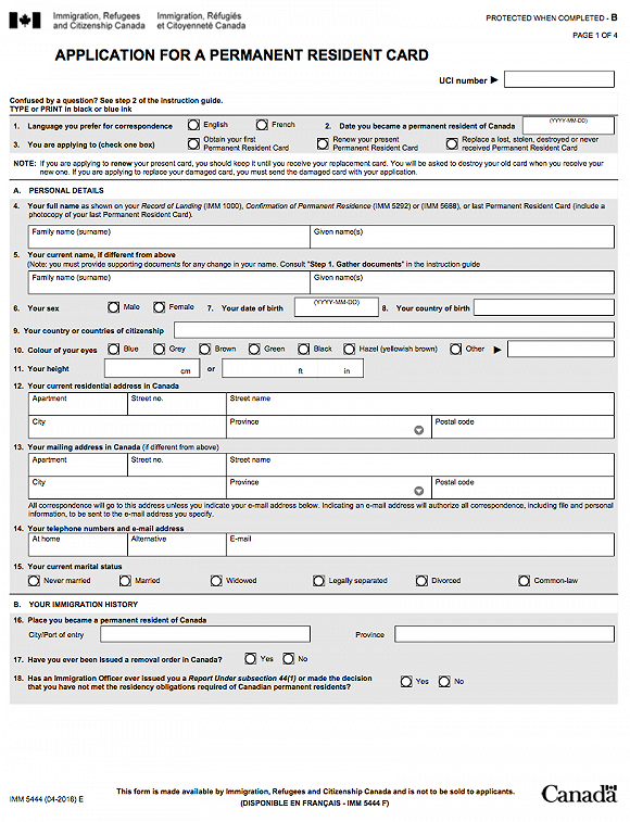 Application Renewal Pr Card Canada