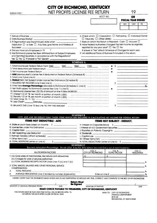 Business Form 1 Net Profits License Fee Return City Of Richmond 