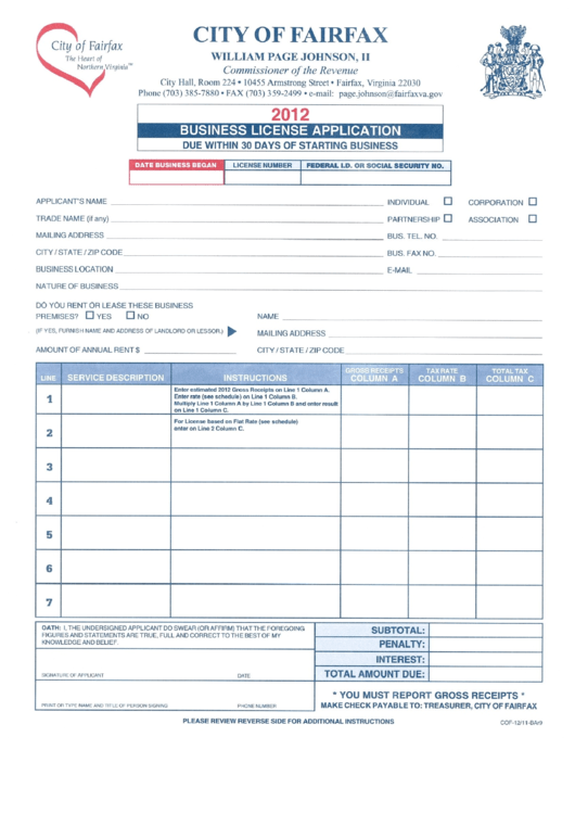 Business License Application City Of Fairfax 2012 Printable Pdf 