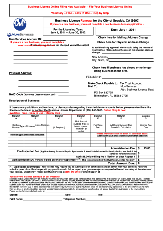 Business License Renewal Form For The City Of Seaside Ca Printable Pdf 