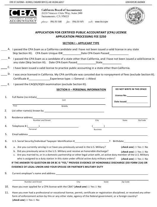 California Application For Certified Public Accountant CPA License 