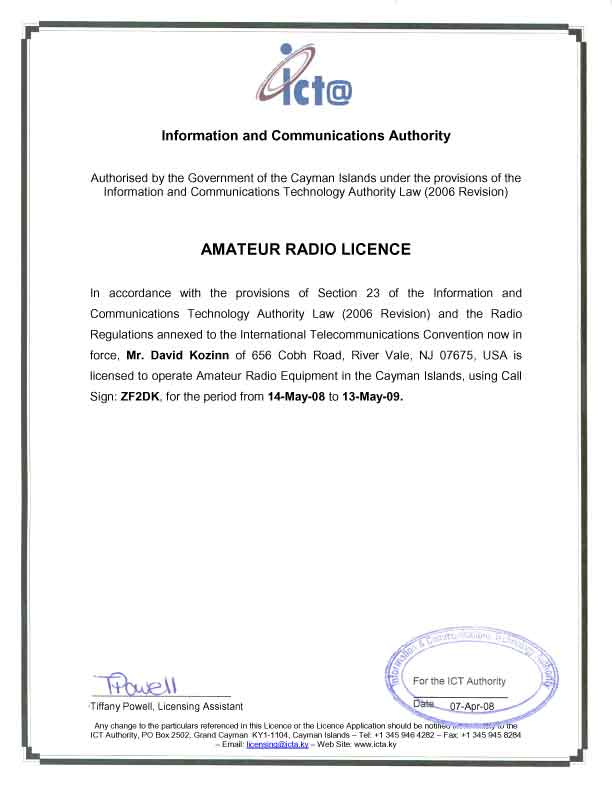 Cayman ZF License Renewal K2DBK s Ham Radio Blog