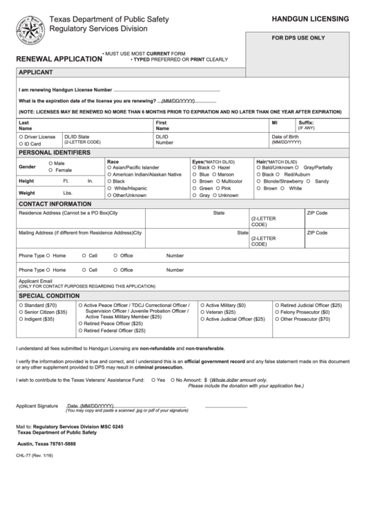 Chl 77 Renewal Application For License To Carry A Handgun Printable 