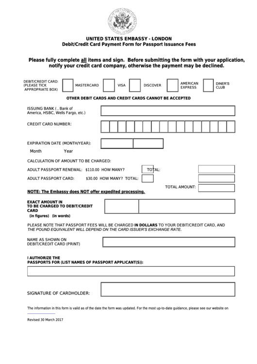 Debit credit Card Payment Form For Passport Issuance Fees United