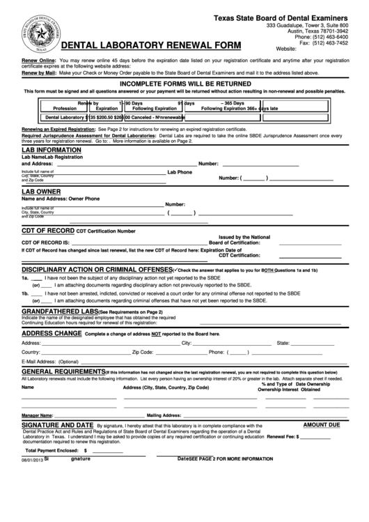 Dental Laboratory Renewal Form Printable Pdf Download