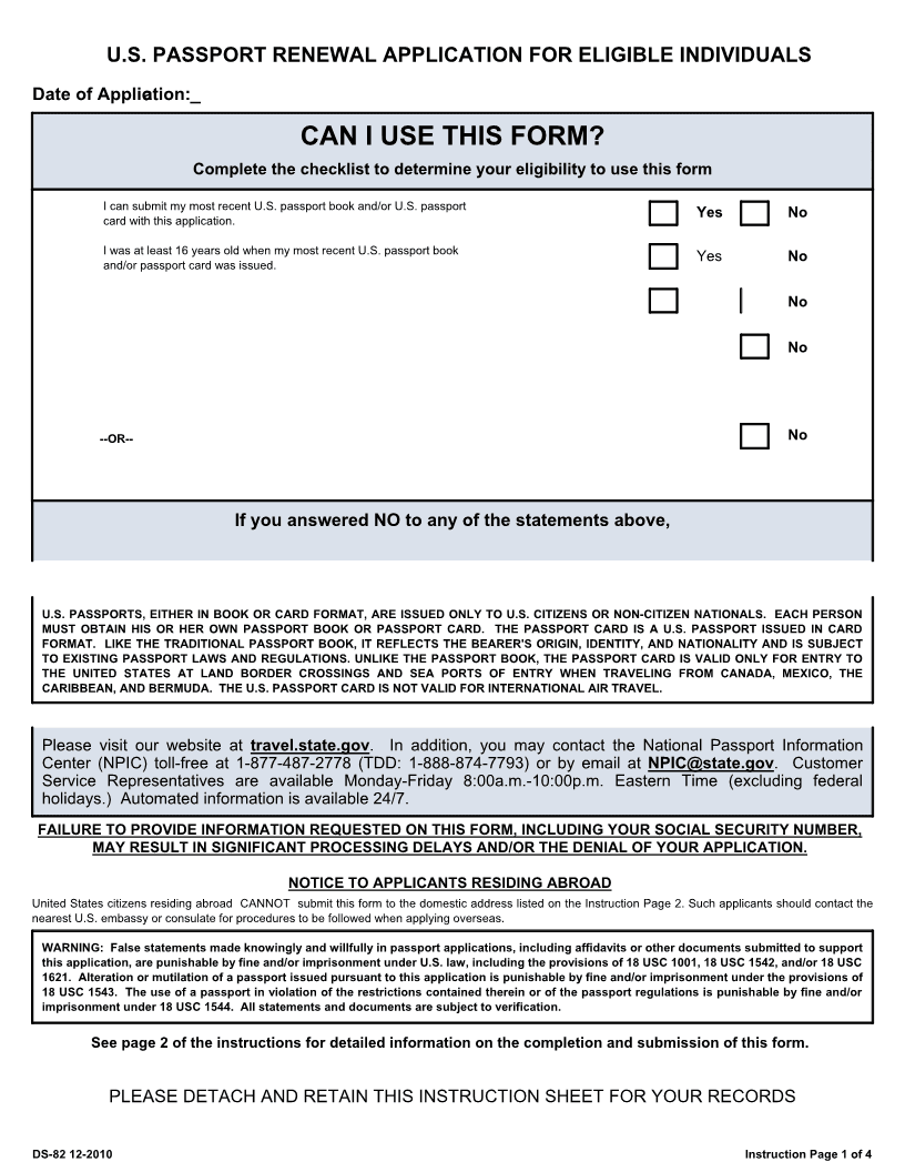 Download Free U S Passport Renewal Application DS 82 Form Form Download