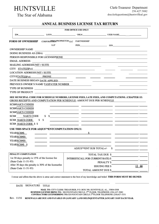 Fillable Annual Business License Tax Return City Of Huntsville 