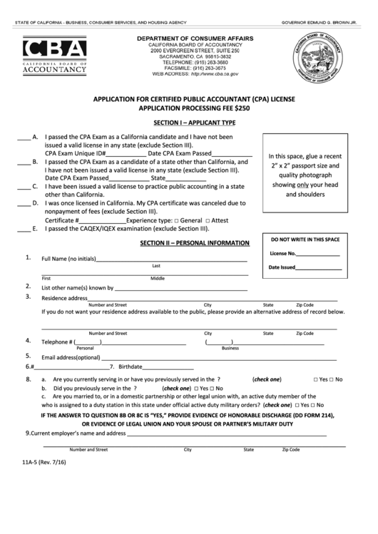 Fillable Application For Certified Public Accountant Cpa License 