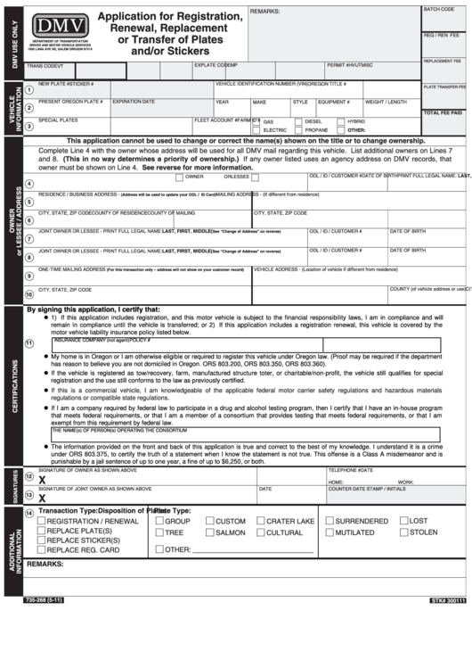 Fillable Application For Registration Renewal Replacement Or Transfer 