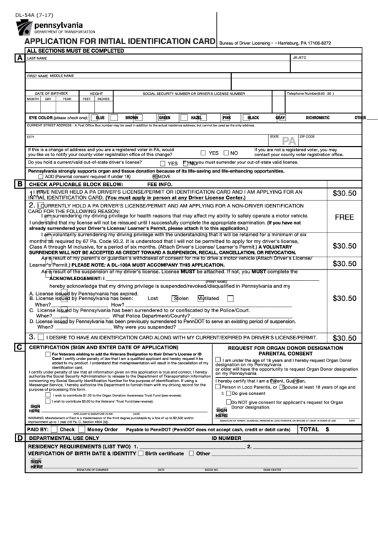 Fillable Form Dl 54a Application For Initial Identification Card 