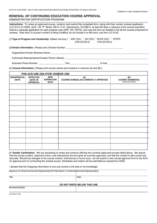 Fillable Form Lic 9139 Renewal Of Continuing Education Course 