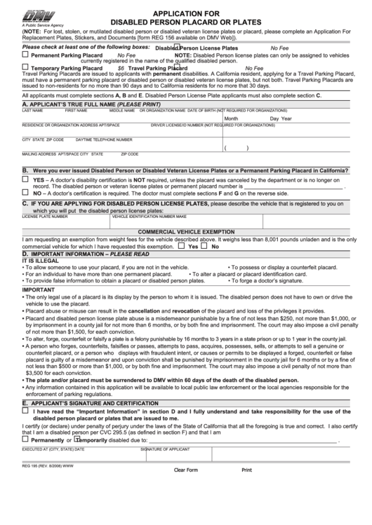 Fillable Form Reg 195 Application For Disabled Person Placard Or 