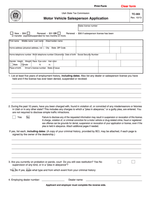 Fillable Form Tc 303 Motor Vehicle Salesperson Application Form 