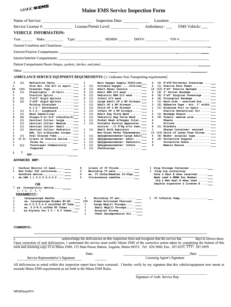 Fillable Online Maine Maine EMS Service Inspection Form Maine gov 