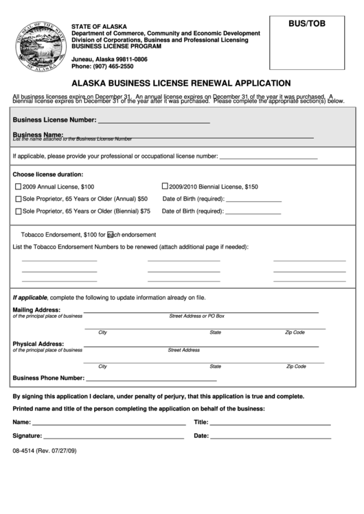 Form 08 4514 Alaska Business License Renewal Application 2009 