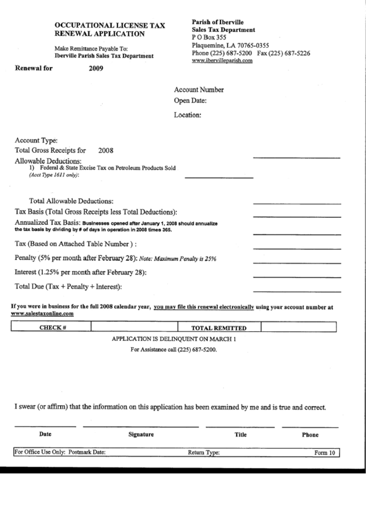 Form 10 Occupational License Tax Renewal Application Printable Pdf