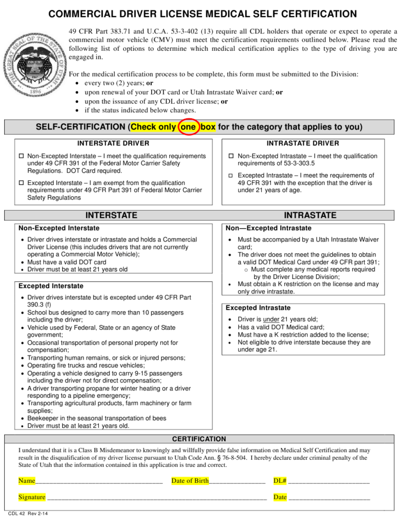 Form CDL42 Download Printable PDF Or Fill Online Commercial Driver 