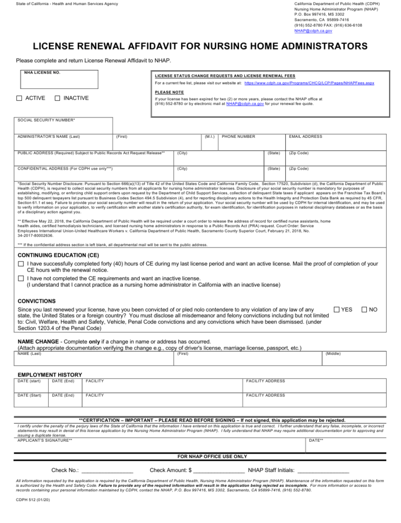 Form CDPH512 Download Fillable PDF Or Fill Online License Renewal 