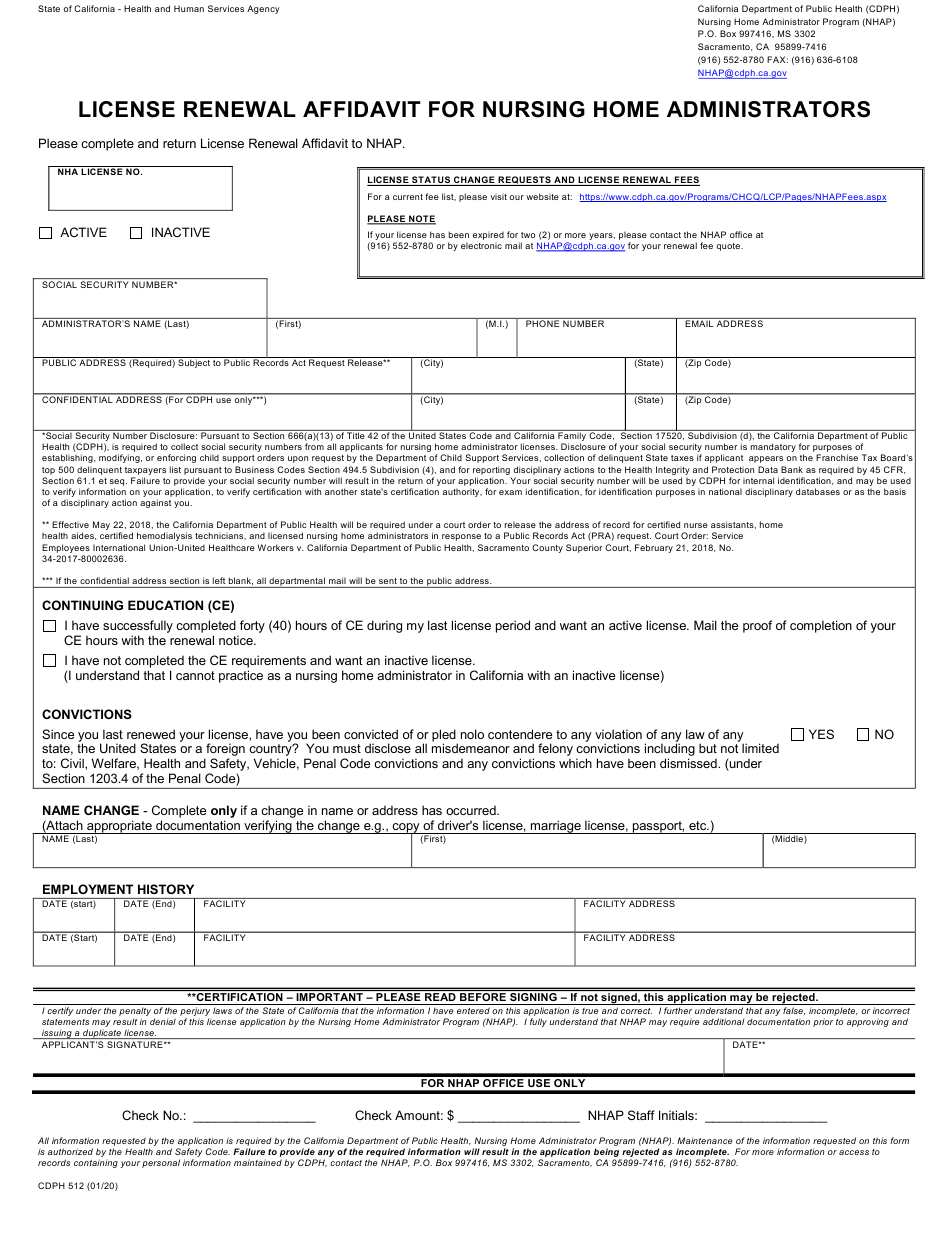 Form CDPH512 Download Fillable PDF Or Fill Online License Renewal