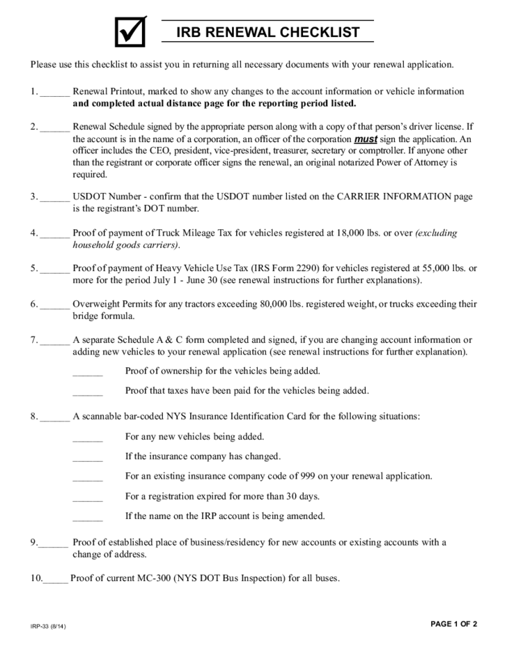 Form IRP 33 IRB Renewal Checklist New York Free Download