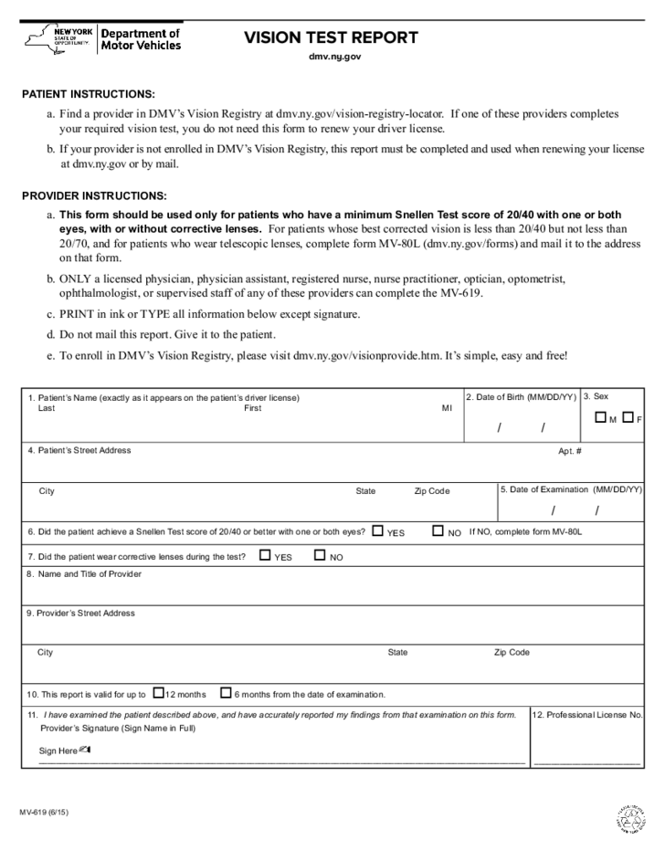 Form MV 619 Vision Test Report New York Free Download