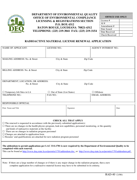 Form RAD 40 Download Printable PDF Or Fill Online Radioactive Material 