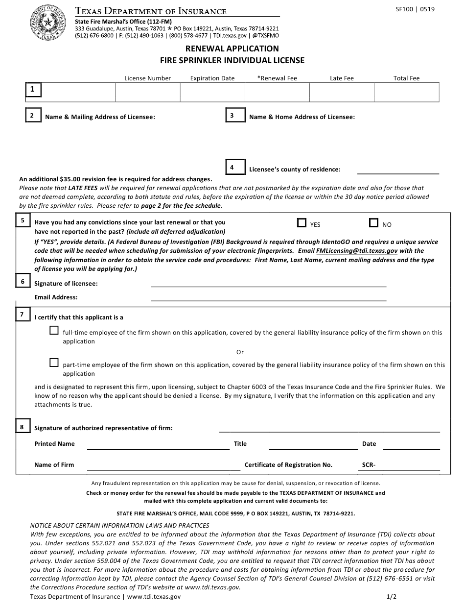 Form SF100 Download Printable PDF Or Fill Online Renewal Application 