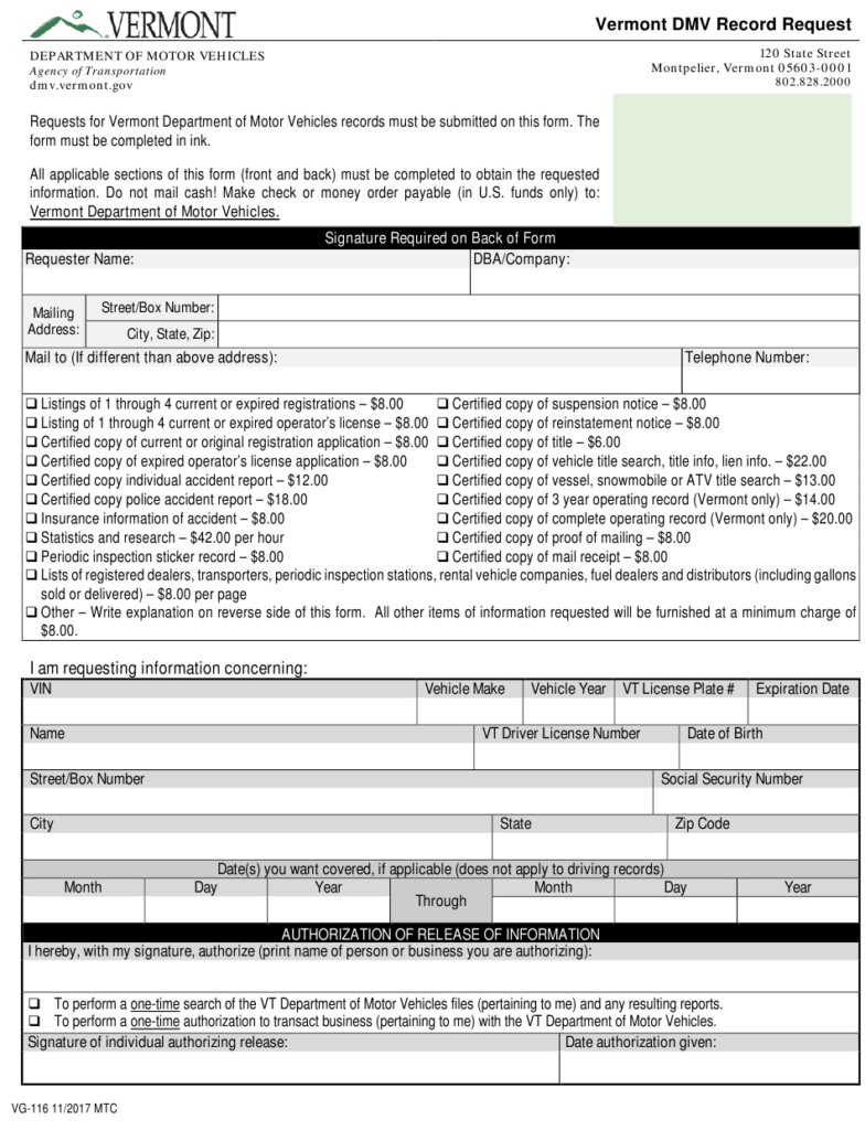 Form VG 116 Download Fillable PDF Or Fill Online Vermont DMV Record 