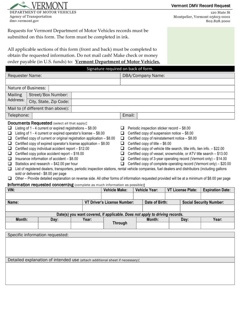 Form VG 116 Download Fillable PDF Or Fill Online Vermont DMV Record 