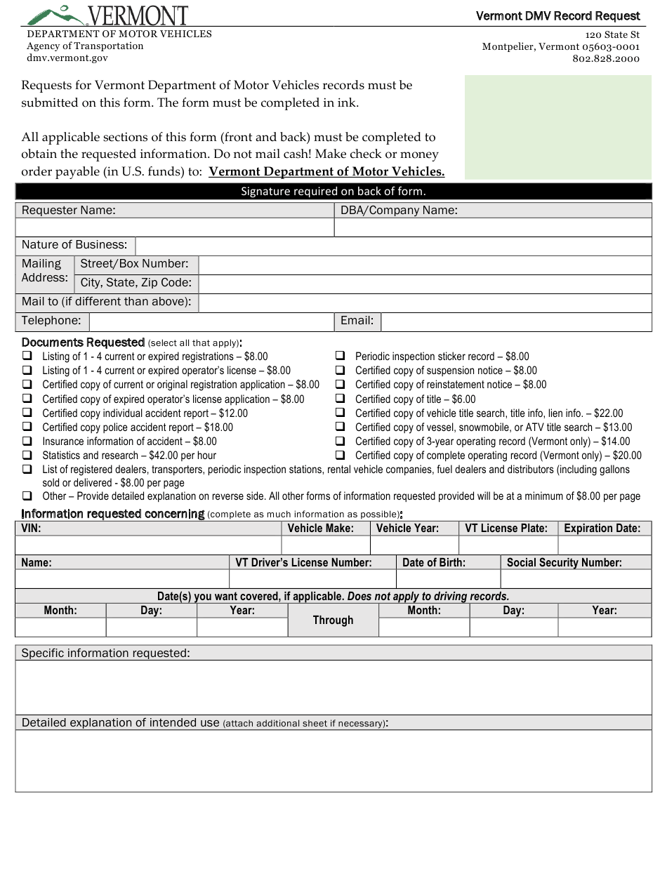 Form VG 116 Download Fillable PDF Or Fill Online Vermont DMV Record