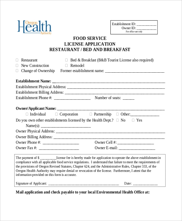 FREE 9 Restaurant Application Form Samples In PDF MS Word