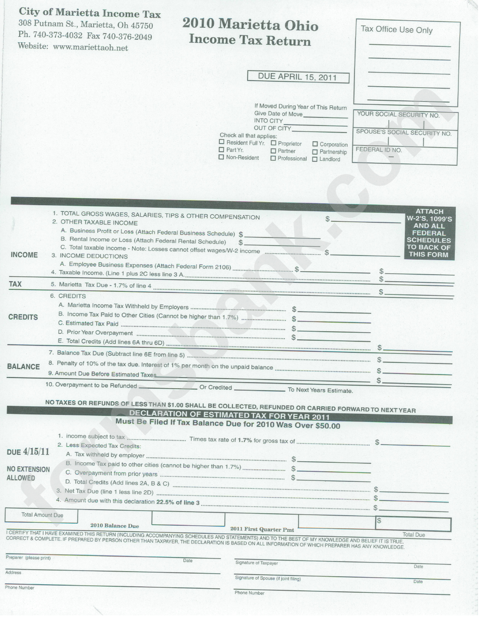 Income Tax Return Form City Of Marietta 2010 Printable Pdf Download