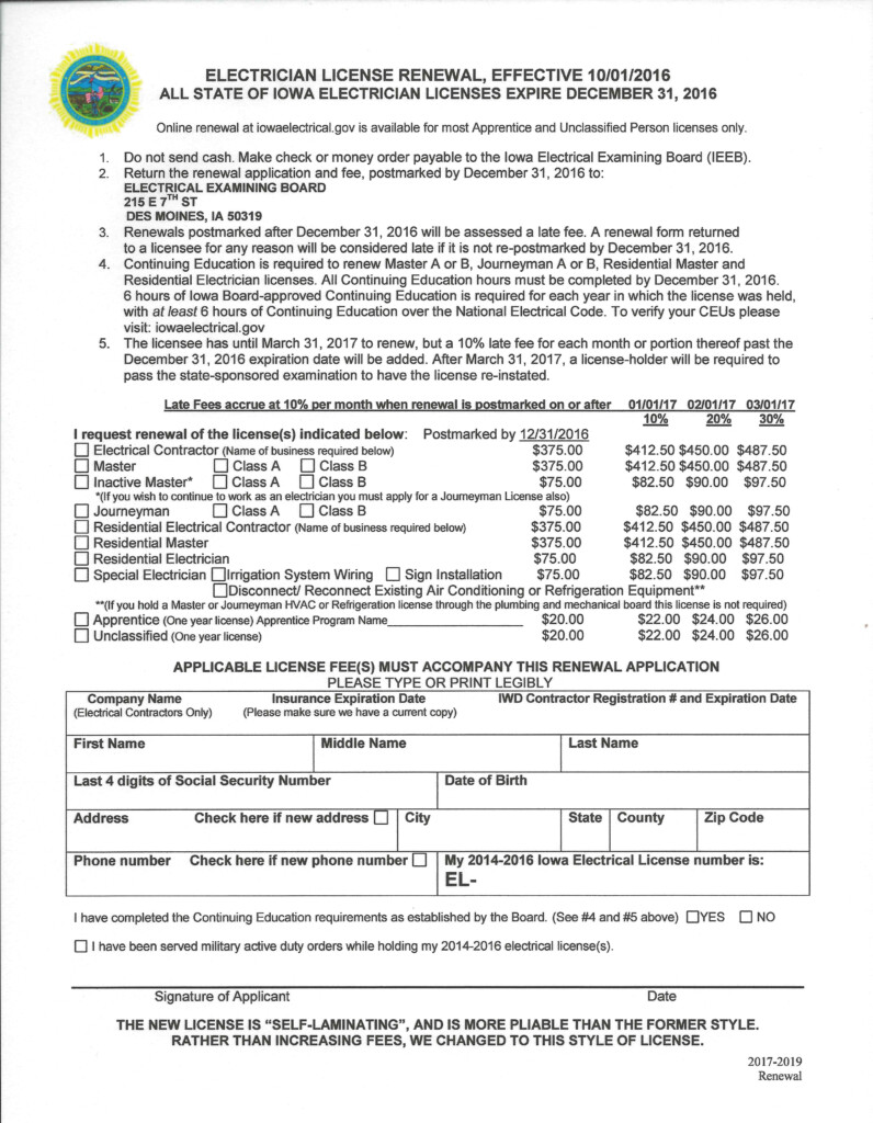 Iowa 2017 Electrical License Renewal Form