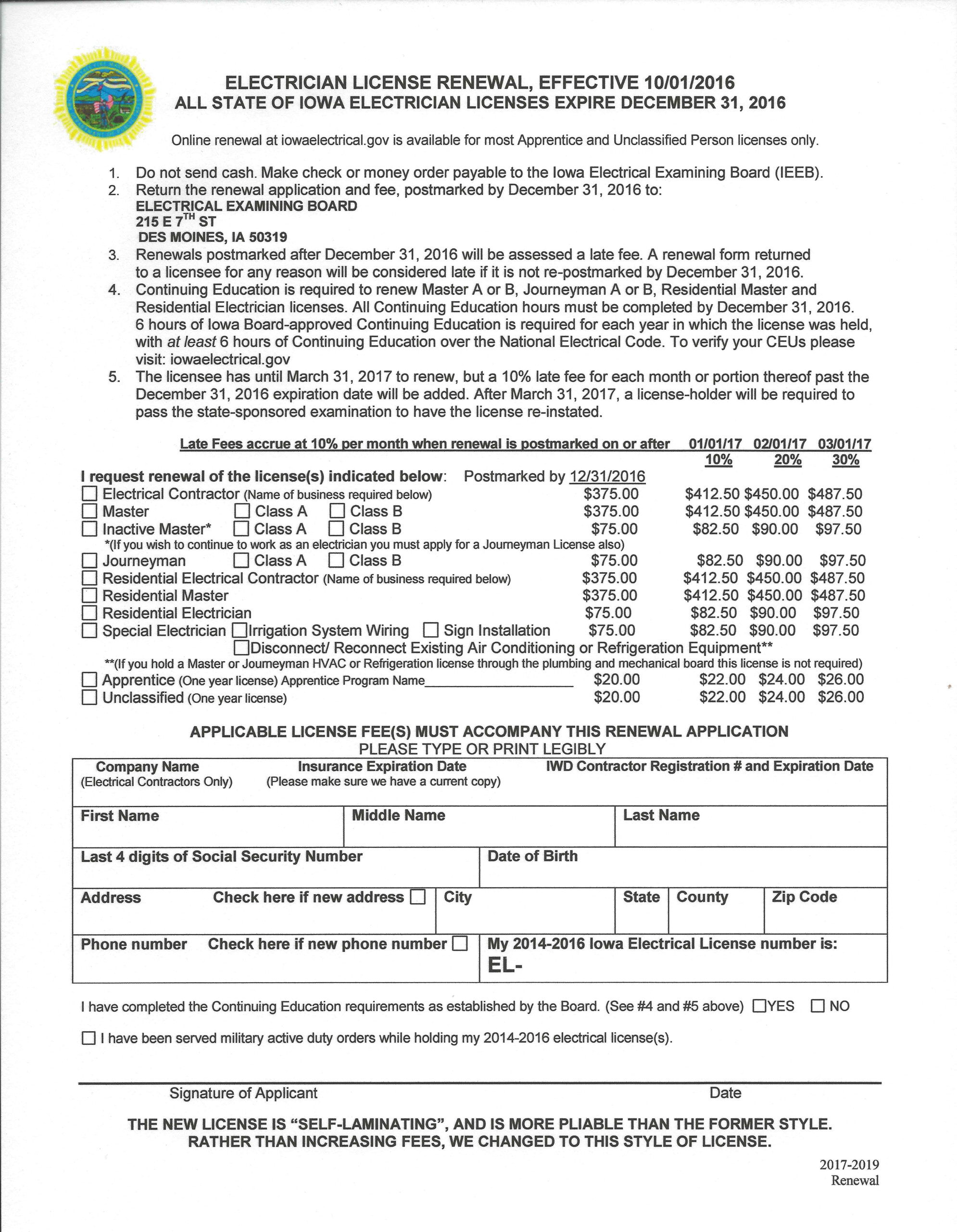 Iowa 2017 Electrical License Renewal Form