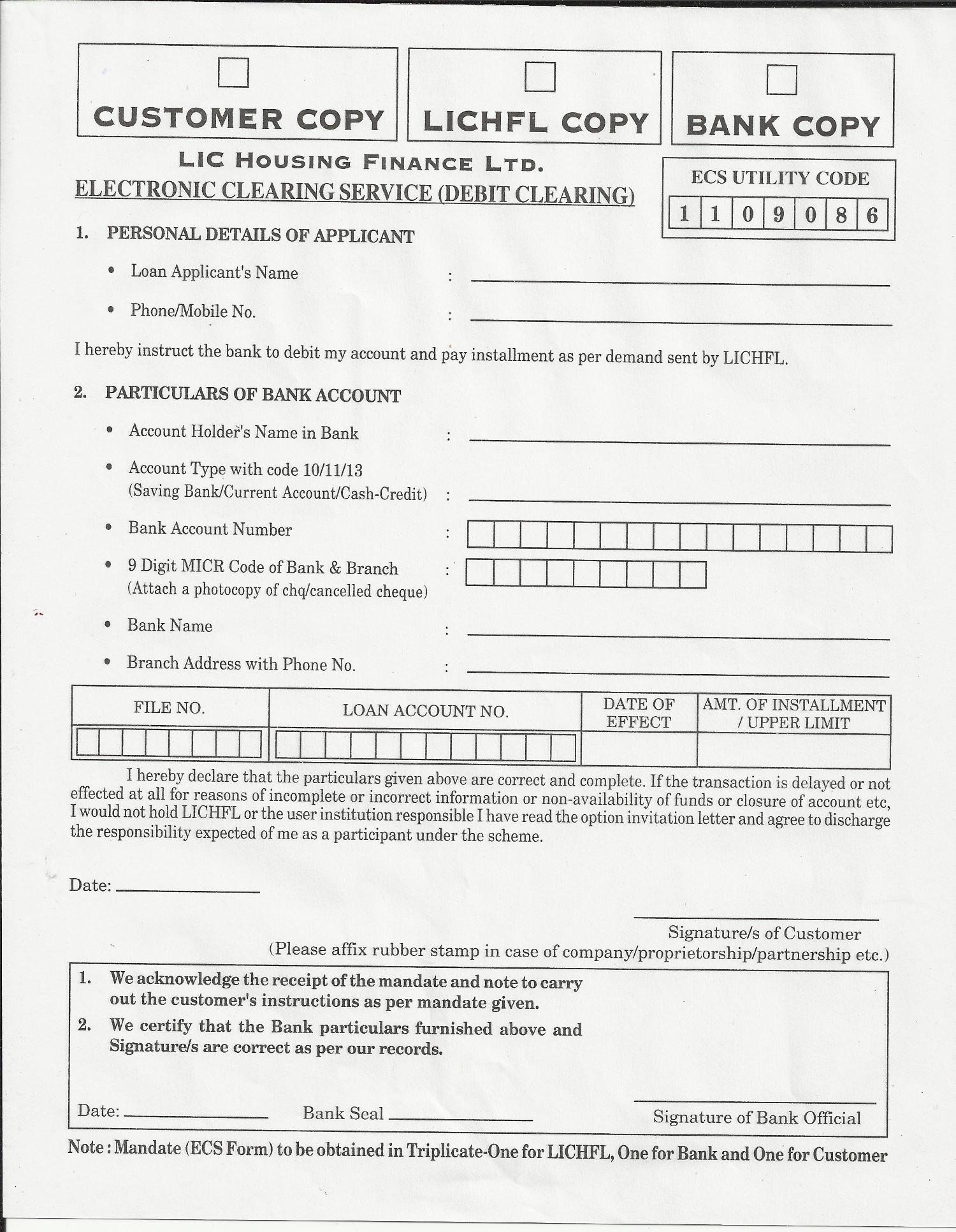 LIC HFL ECS FORM Lic Hfl Ecs Form On Rediff Pages