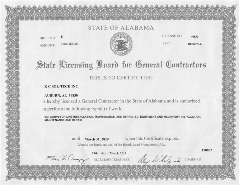 License For General Contractor KC Sol Tech Machine Shop Fabrication 