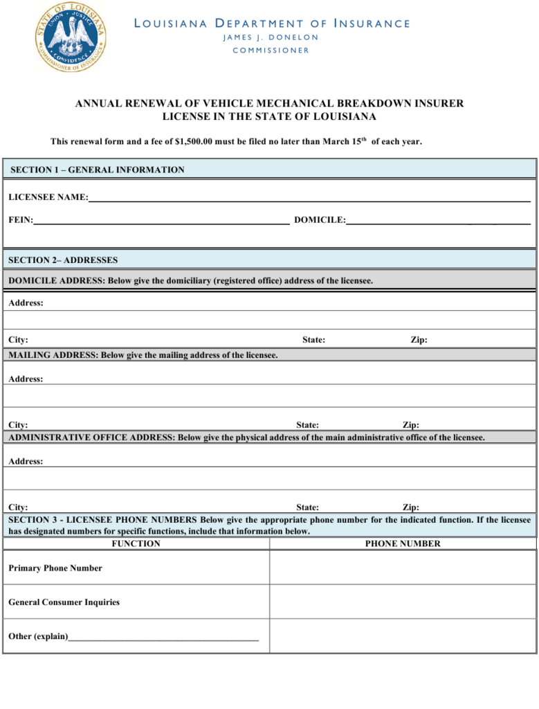 Louisiana Annual Renewal Of Vehicle Mechanical Breakdown Insurer 